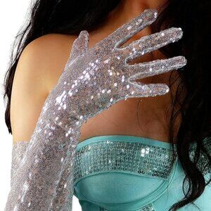 Long Sequins Mesh  Silver Gloves